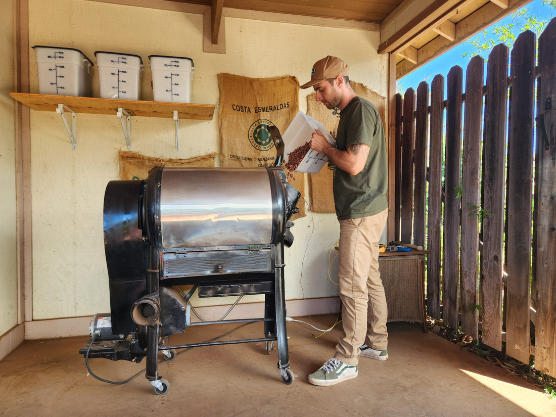 Vintage Royal No. 5 drum roaster used for small-batch artisan chocolate roasting at Valley Isle Chocolate Maui