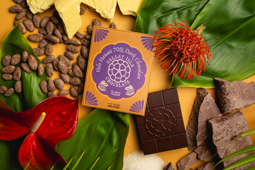 Box of Valley Isle Hilo 70% Dark Chocolate surrounded by chocolate pieces, cacao beans, and tropical leaves on a yellow background.