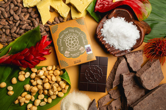 Chocolate bar with packaging surrounded by cacao beans, cocoa nibs, and coconut on a leafy background.
