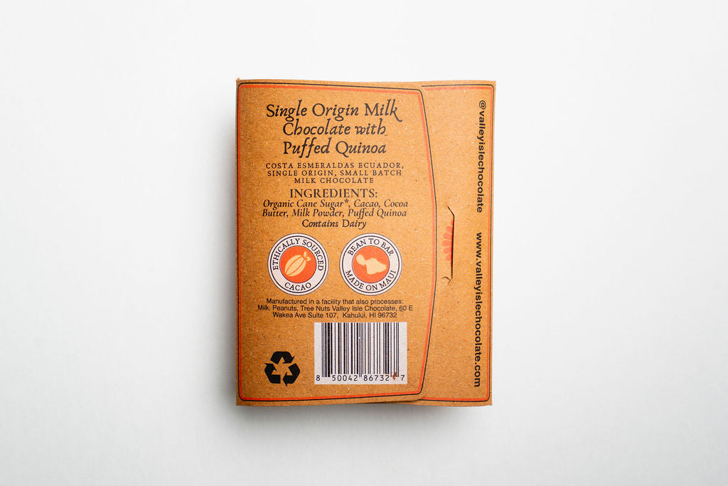 Back of a chocolate bar packaging Aloha Crunch with branding and product details on a white background