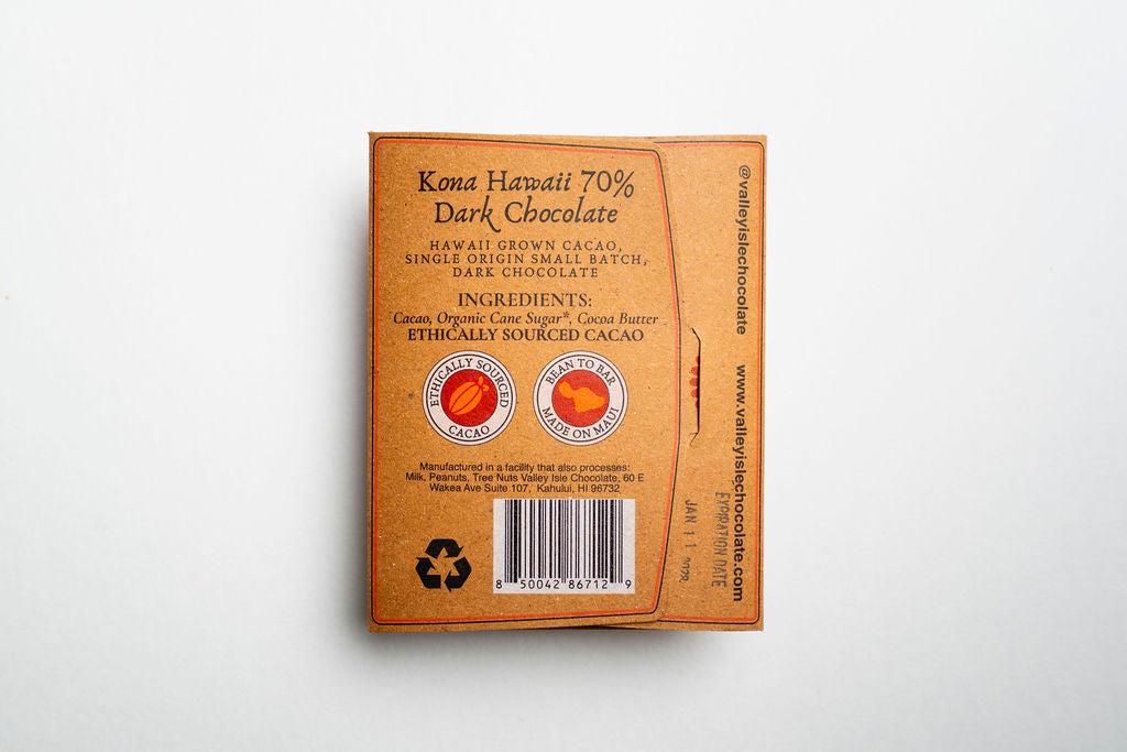 Kona Hawaii 70% Dark Chocolate packaging on a white background