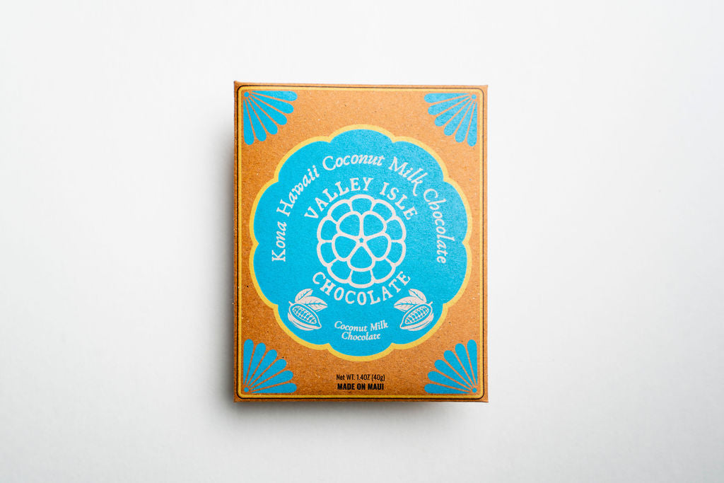 Box of Valley Isle Chocolate coconut milk chocolate on a white background