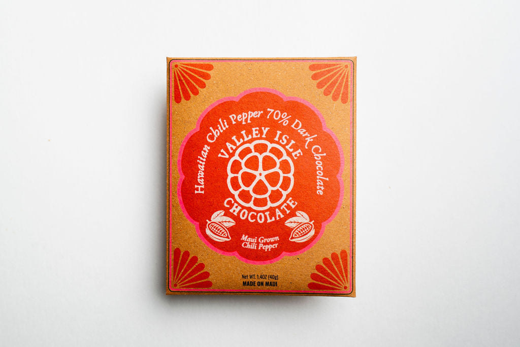 Valley Isle Chocolate Hawaiian Chili Pepper 70% Dark Chocolate packaging on a white background