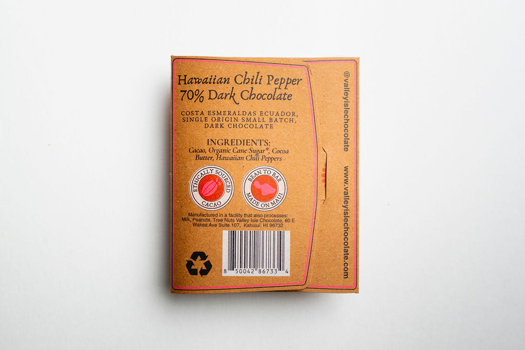 Dark chocolate bar packaging with branding and product details on a white background