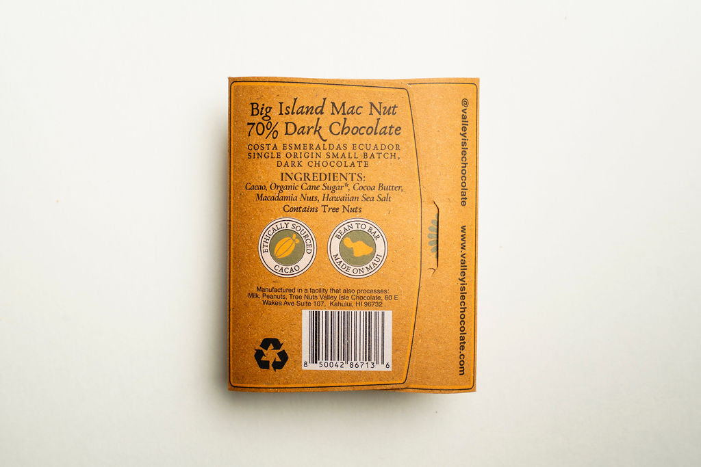 Box of Big Island Mac Nut 70% Dark Chocolate on a white background