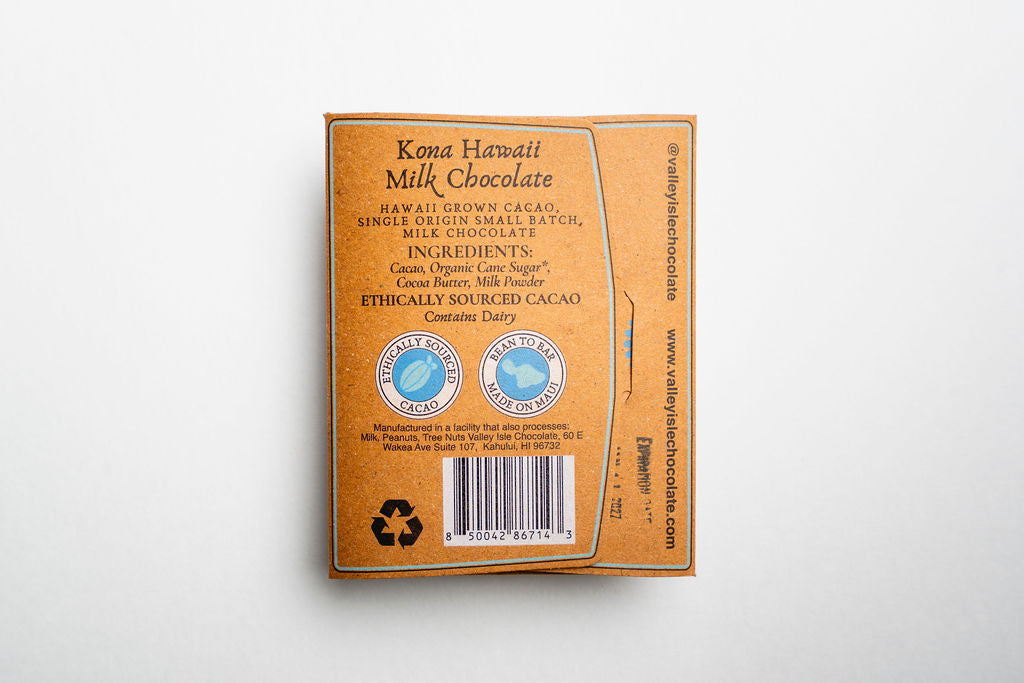 Kona Hawaii Milk Chocolate bar packaging with visible branding and certification logos on a white background