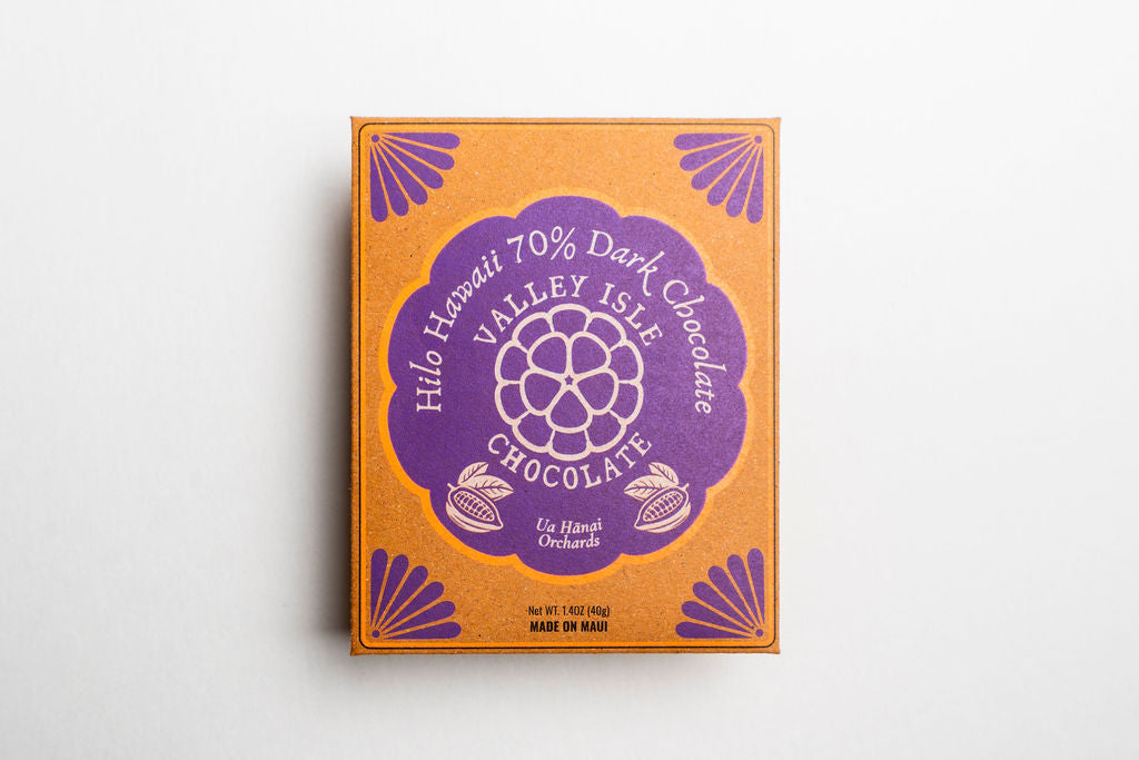 Valley Isle Chocolate packaging with purple and orange design on a white background